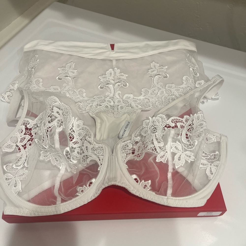 Simone Perele White Lace bra and Matching Brief bra 36 C panties L - Picture 9 of 14